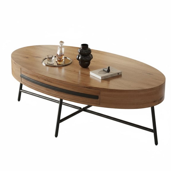 Wood Color Oval Storage Coffee Table with Hidden Drawer, Modern Farmhouse Living Room Center Table with Metal Legs, Large Wood-Grain Tabletop for Apartment, Home or Office
