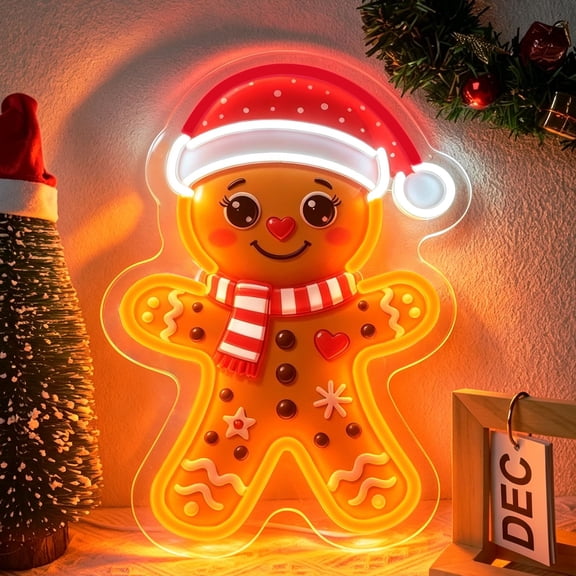 UPONRAY Gingerbread Man Christmas Neon Sign, Dimmable LED Wall Light, USB Powered Holiday Decor for Kids Room & Kitchen