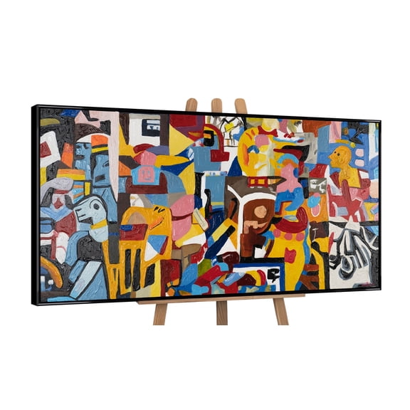 YS-Art Colorful Stories Acrylic Hand-Painted Abstract Canvas Art with Black Frame, Modern Wall Decor for Home or Office, 24x48 in