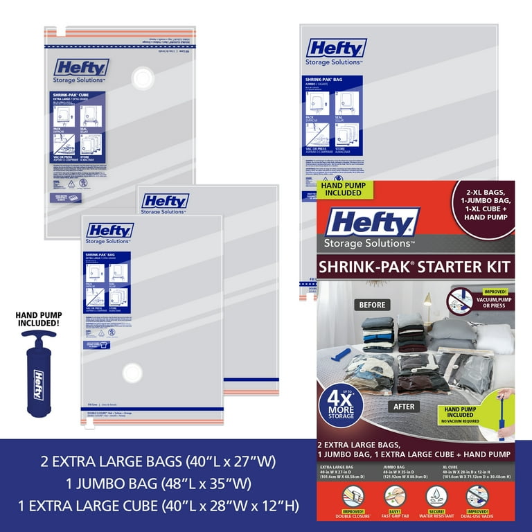 Hefty Shrink-Pak Starter Kit Vacuum Compression Bags, 2 XL Bags, 1 Jumbo Bag, 1 XL Cube, 1 Hand Pump, Closet Organizer