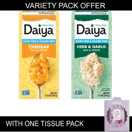 Daiya Dairy Free Mac & Cheese Variety Pack, Cheddar & Herb & Garlic, Gluten Free Vegan, with Tissue Pack
