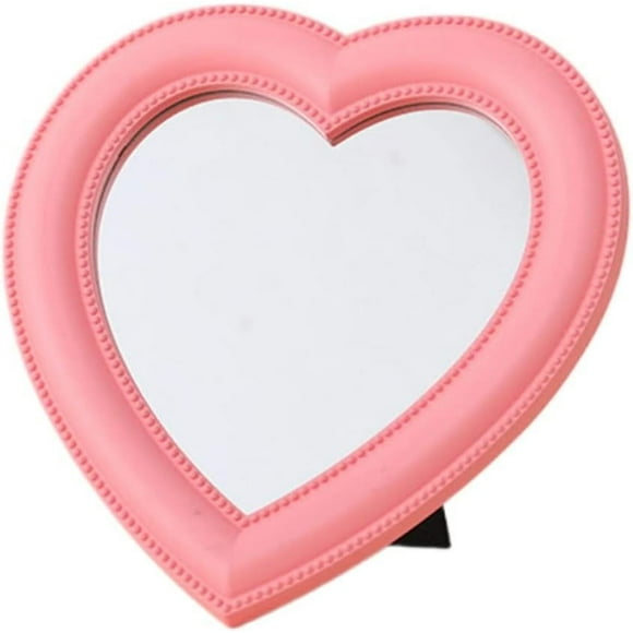 ERDS-Desk Heart Mirror, Wall Mounted Mirror with Bracket Hanging Hole, 7.48"x6.69" Dark Pink Mirror, Table Vanity Mirror for Home Room Decor, Birthday Valentine's Day Gift for Girl Women