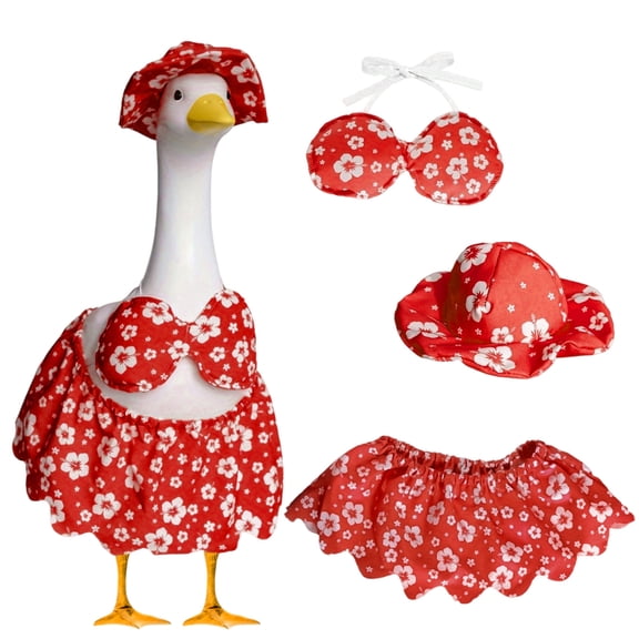 Porch Goose Summer Outfit 3 Piece Set with Hibiscus Print Hat Bikini Top and Skirt Fits 19-23 Inch Geese for Tropical Front Porch Patio Decor