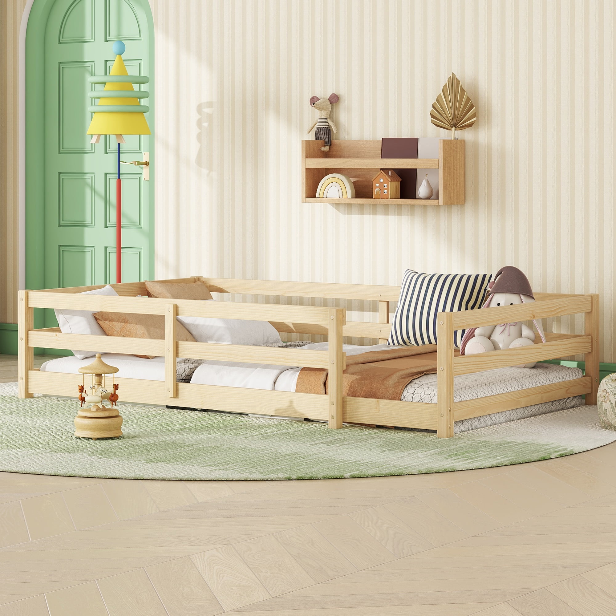 Floor Bed, Twin Size Montessori Bed Frame, Wood Floor Bed with Fence and Guardrails, No Box Spring Needed, Natural Wood Finish