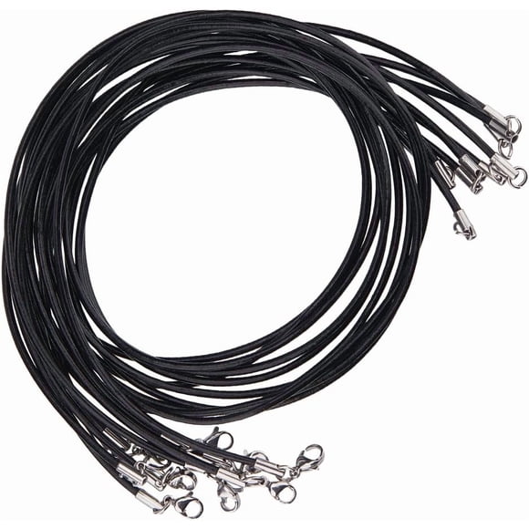 10 collares de cordón de cuero genuino negro de 18 pulgadas con cierre de acero inoxidable y cordón encerado.