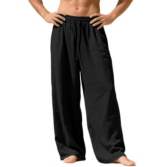 Dresfit Lounge Pants Men Wide Leg Linen Pants Spring 2026 Drawstring Big and Tall Trousers with Back Pockets Lightweight Loose Baggy Vacation Pant Black XL