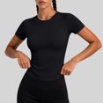 thumbnail image 2 of Womens Summer Yoga Shirts Cap Sleeve Crew Neck Open Back Cutout Crop Tops Cross Wrap Hem with Built-in Support Bra Stretchy Breathable Slim Fit Athletic Running Gym Tees Black S, 2 of 9