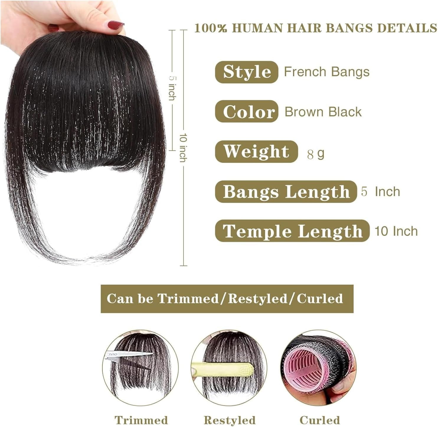 Aorsher 100% Real Human Hair Extensions, Bangs Hair Clip in Bangs, French Bangs Fringe with Temples, Light Brown Fake Thick Hairpieces for Women Daily Wear Brown