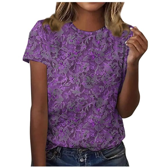 Hauts Graphiques pour Femmes T-Shirts Imprimés Fleurs Sauvages Col Rond Tee Manches Courtes Hauts Tunique Légère Respirante Blouses Coupe Ample Tee-Shirts Chandail Blouses Tenues de Vacances Plage