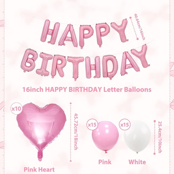 53pcs Pink and White Birthday Balloon Set - Pink Heart-Shaped Latex Balloons with "Happy Birthday" Letter Balloons,Aluminum Film Balloons for Birthday Parties