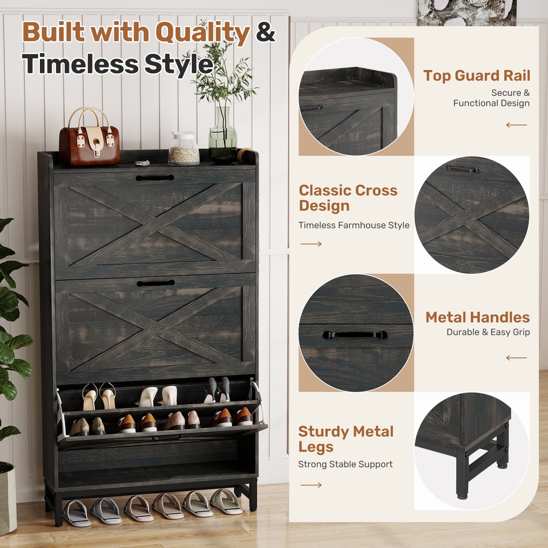 MOONMISS Shoe Storage Cabinet with 3 Flip Drawers and Open Storage,Rustic Wooden Shoe Organizer for Entryway Hallyway