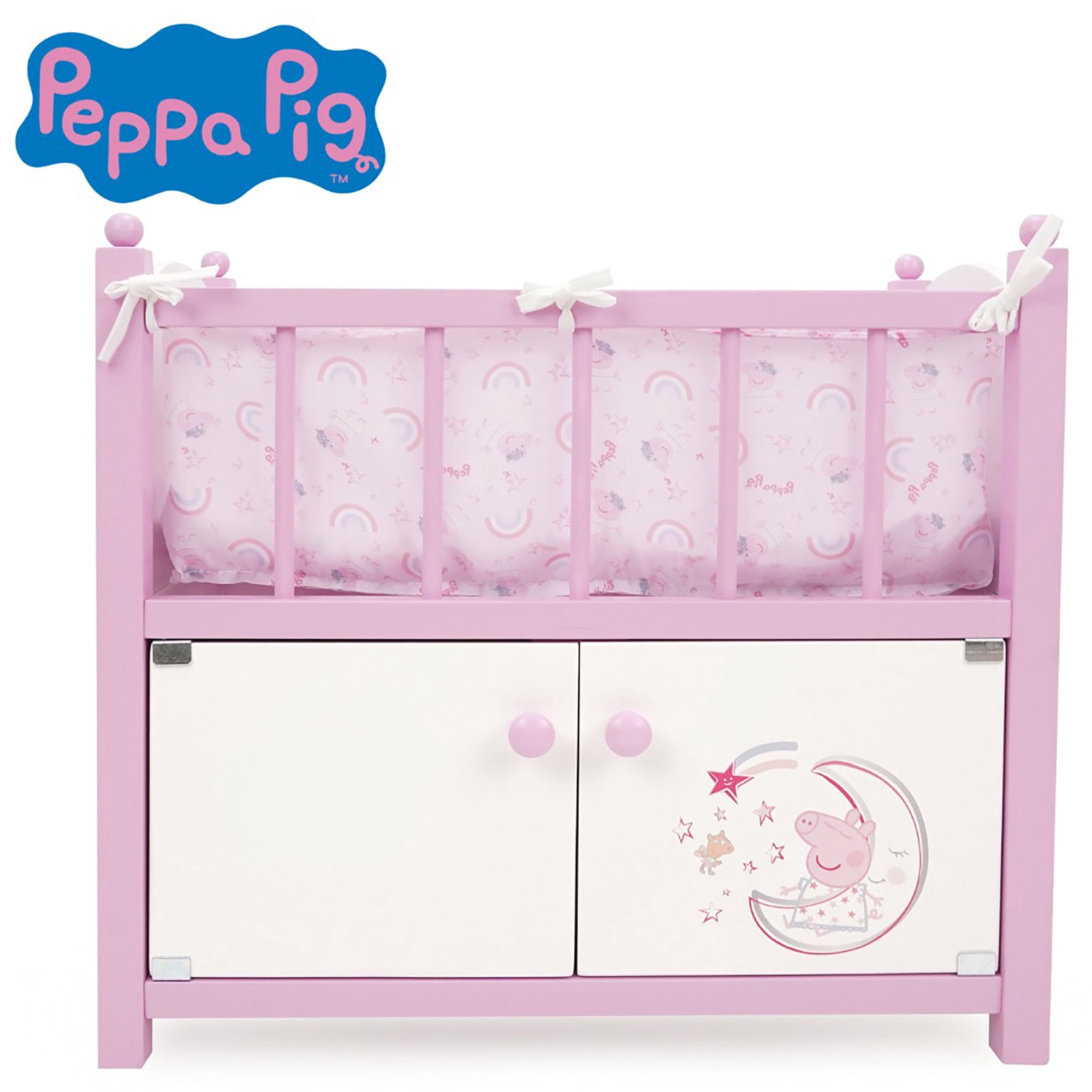 509 Crew: Peppa Pig - 2-In-1 Wooden Doll Crib - Pink-White-Moon, Built-In Storage Cabinet, Pillow & Blanket, Doll & Plush Sleep Accessory Toy, Kids 3+