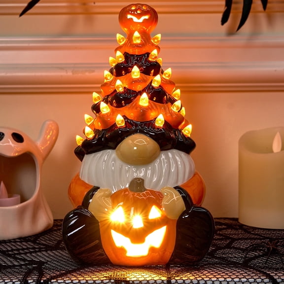 Joyfy 8.5 inch Halloween Decorations Ceramic Gnome Tree Decorations with Build-in LEDs,Light Up Pumpkin Table Decor Bedroom Indoor Centerpieces for Tables
