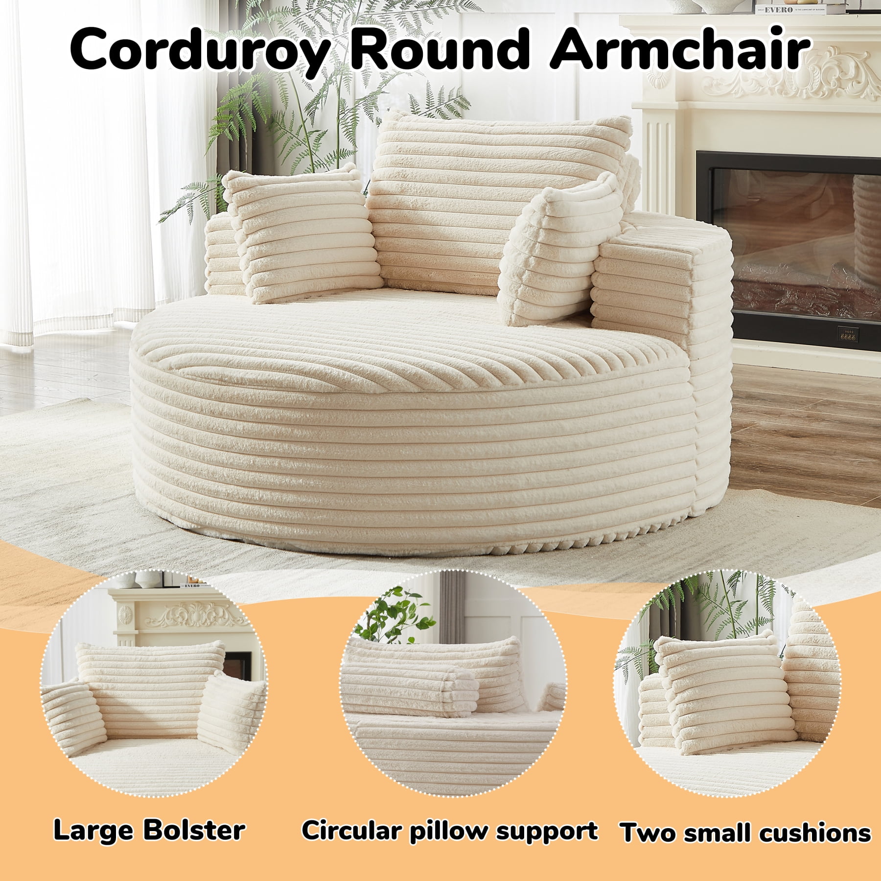 Leumius 55'' Oversized Round Chaise Longue Chair,Upholstered Corduroy Single Cloud Circle Sofa Chair with Deep Seat,Fluffy Modern Sleeper Sofa Bed for Reading,Living Room,Bedroom,