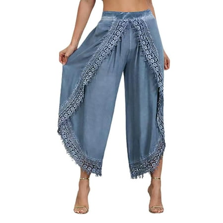 

Dadaria High Waisted Wide Leg Pants for Women Tall Solid Lace Elastic Waist Workout Sports Wide Lag Pants Blue M Female