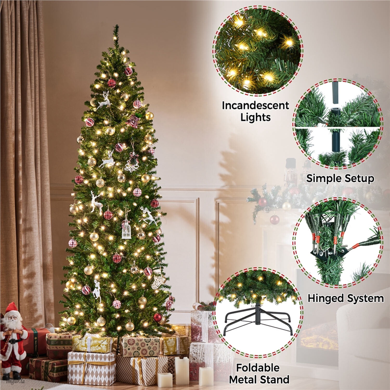 Alden Design 6FT Pre-lit Pencil Artificial Christmas Tree, Hinged Xmas Fir Tree with 250 LED Lights,Green