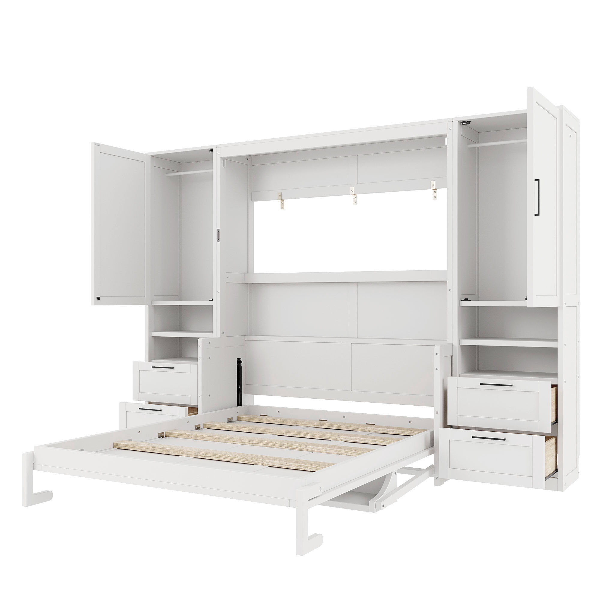 Queen Size Murphy Bed with 2 Closet, 4 Drawers and Open Shelves for Small Space, Guest Room