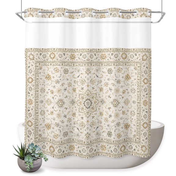 No Hook Shower Curtain, Vintage Beige Boho Shower Curtains for Bathroom with See Through Top Window, Retro Ethnic Tribe Abstract Art Waterproof & Washable Bath Curtain Standard 72"x72"