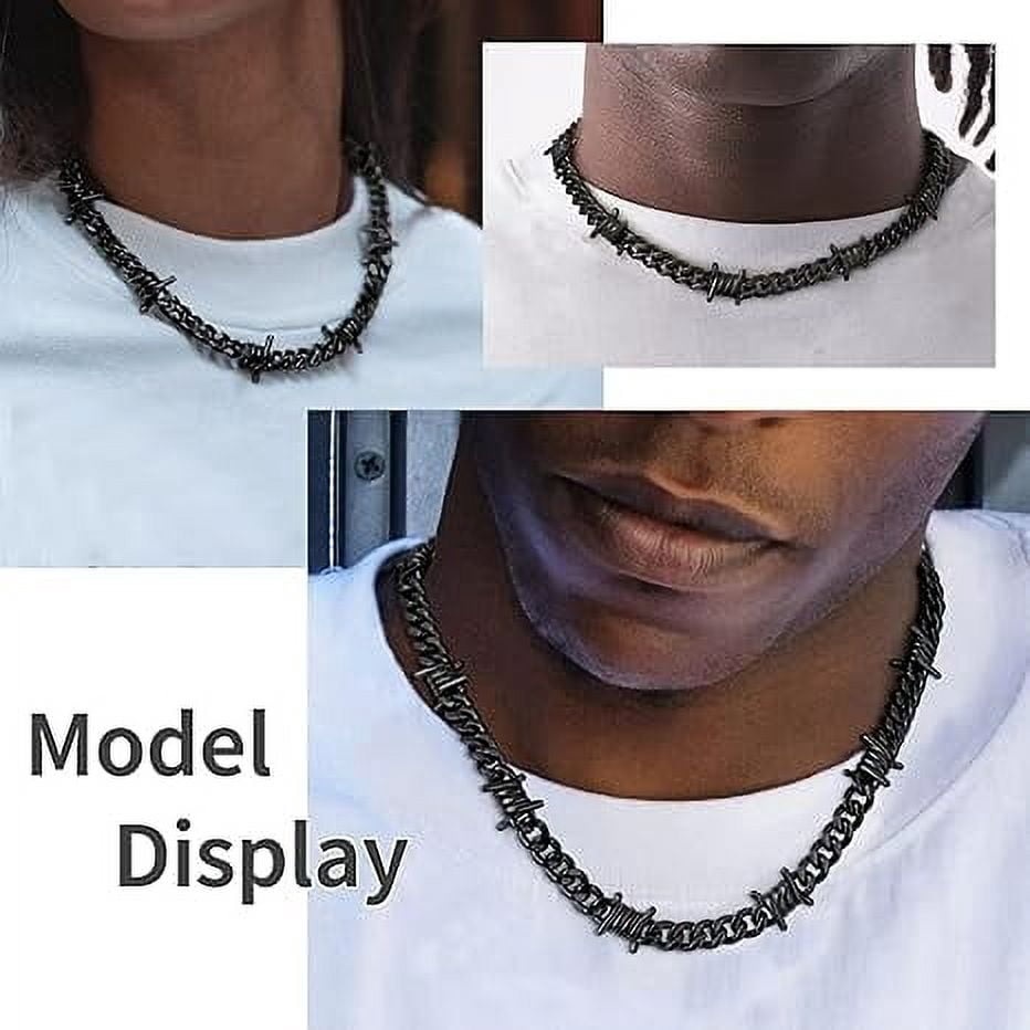 ChainsHouse Black Barbed Wire Necklaces for Men Women Punk Thorns Chain Necklace 9mm Width Chunky Chains Jewelry Gift, 16 inch