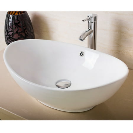 Modern Bathroom Oval Ceramic Porcelain Vessel Sink Bowl W Chrome Faucet Combo White