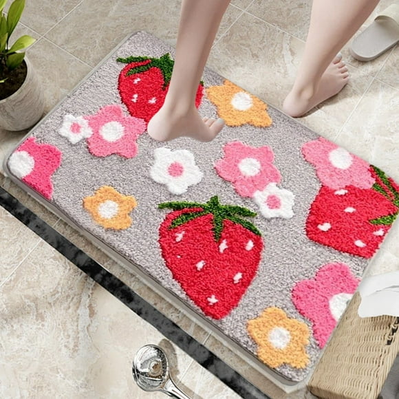 Tapis de Salle de Bain à Motif Floral de Fraises / Tapis de Bain en Polyester Doux / 40x60cm/15.75x23.62 Po / Absorbant Antidérapant / Rose Gris / Lavable à la Machine / Douche Entrée