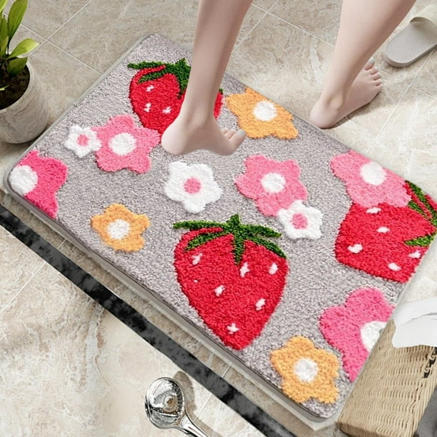 Alfombra de baño con diseño floral de fresa | Alfombra de baño de poliéster suave de 40 x 60 cm | Alfombra de ducha absorbente de secado rápido con base antideslizante | Alfombra acogedora para la