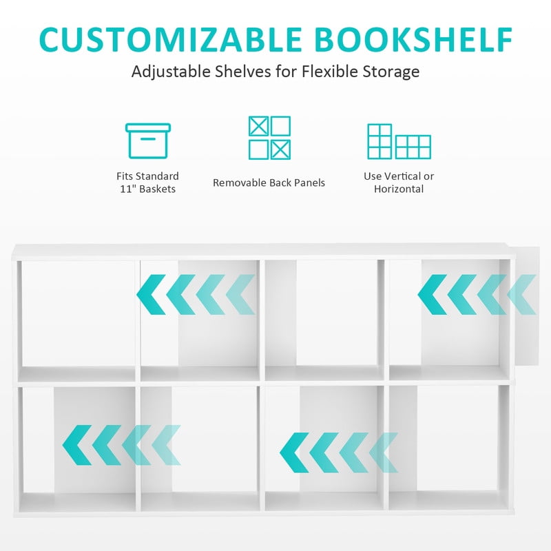 Beddle 8-Cube Storage Organizer, Open Bookshelf with Removable Back Panels, White Wood Bookcase for Living Room, Bedroom and Home Office