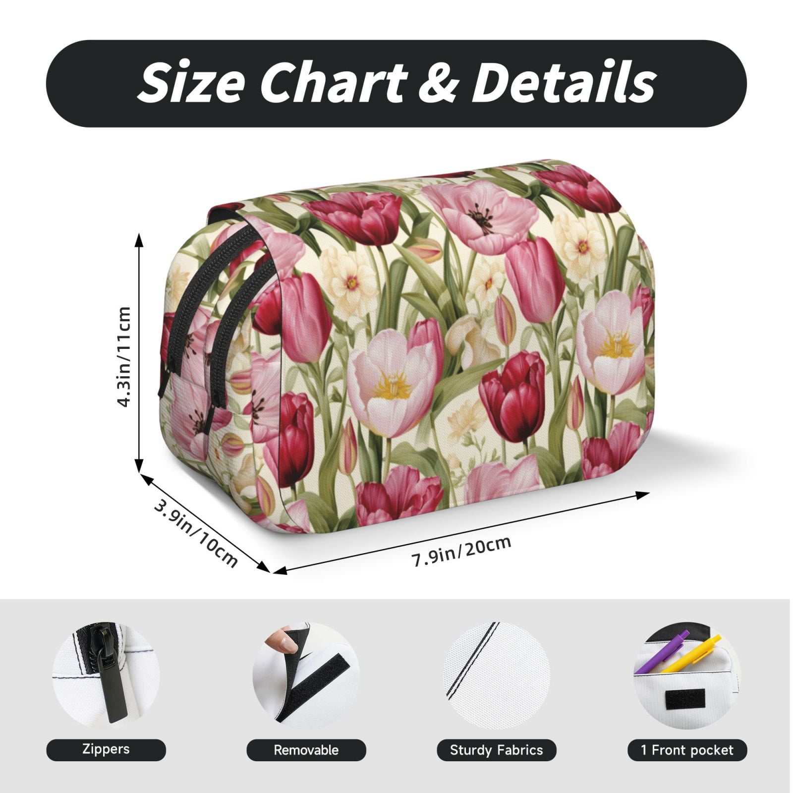Rateoe Tulips Flowers Pattern Double Clamshell Pen Case, Storage Organizer with Two Zipper Compartments– Holds Up to 50 Pencils & Pens