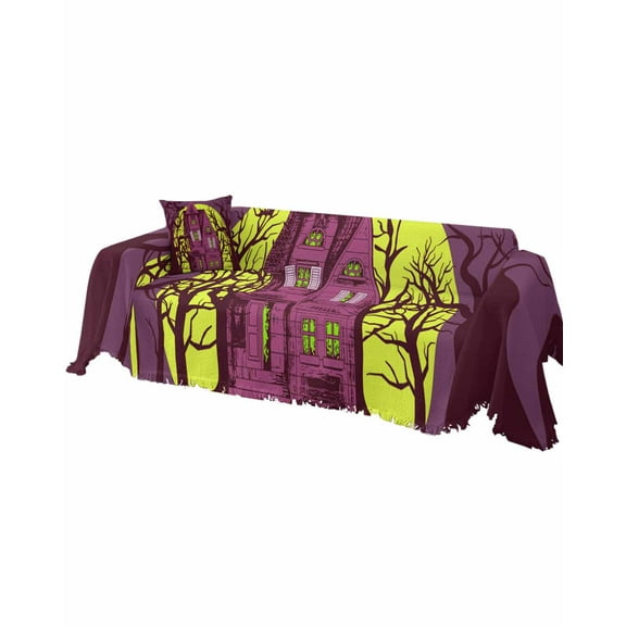 Purple Yellow Halloween Sofa Covers for 3 Cushion, Washable Couch Cover for Sectional Sofa Slipcovers with Tassel, Castle Tree Moon Night Loveseat Covers Futon Cover Blanket 71''x118''