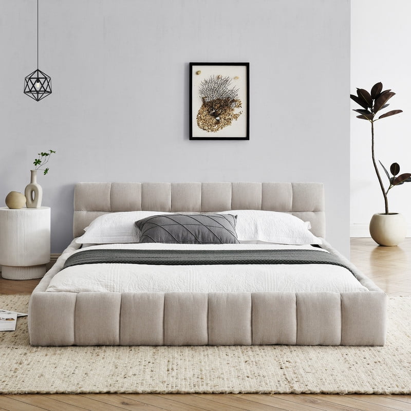 Queen Size Upholstered Platform Bed with Thick Fabric, Chenille Grounded Bed with Headboard and Solid Frame, No Box Spring Needed
