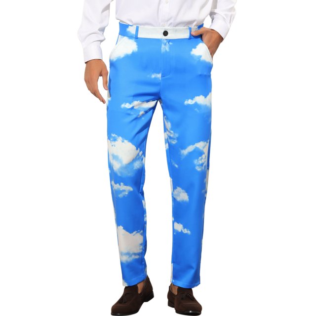 INSPIRE CHIC Men's Pant Diamond Plaid Pattern Regular Fit Color Block Suit Trousers 36 Blue White