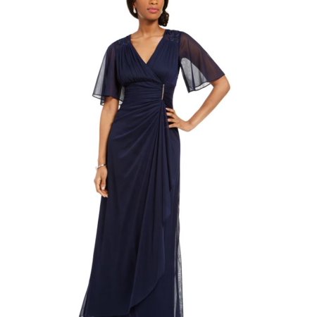 Betsy & Adam Women's Ruffled Faux Wrap Gown Navy Size 14