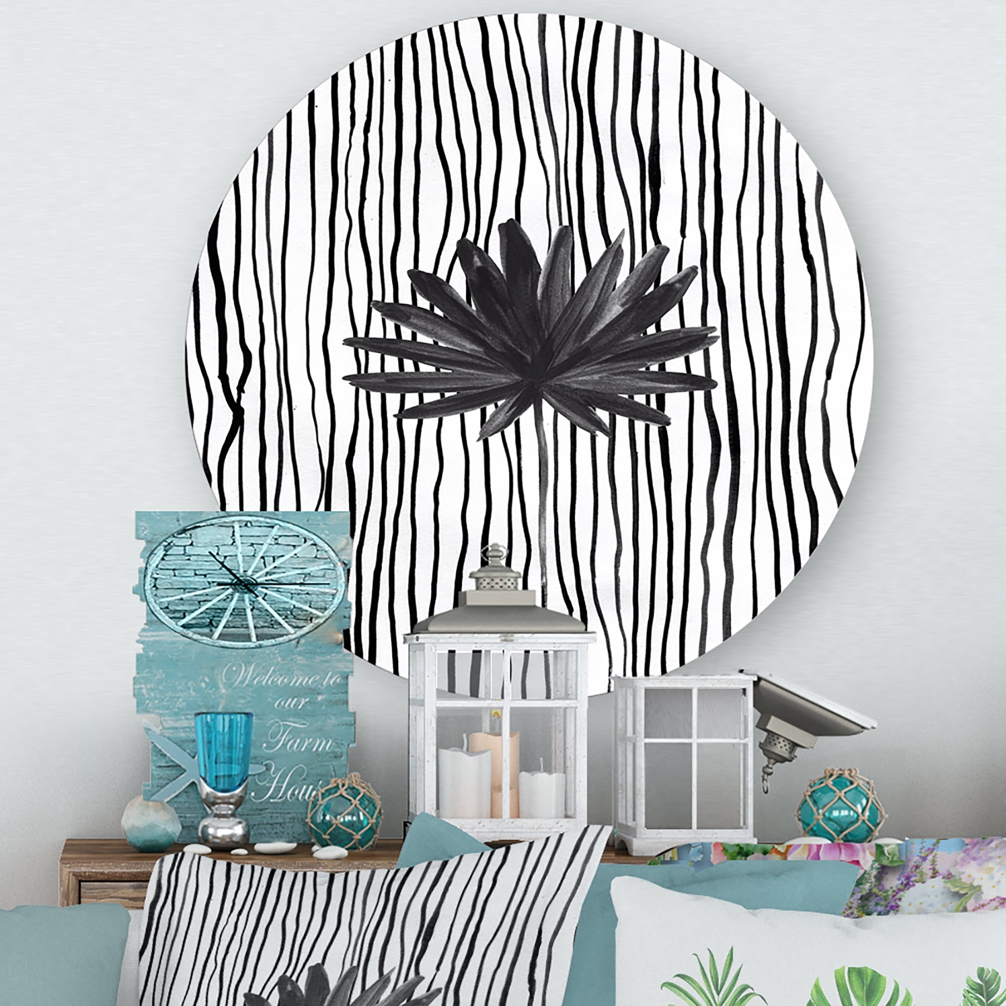 Designart 'Black and White Striped Under Tropical Leaf III' Modern Circle Metal Wall Art 11x11 - Disc of 11
