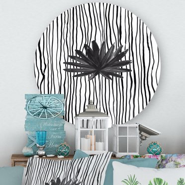 Designart - Black and White Tropical Leaf On Striped III - Modern Metal Circle Wall Art