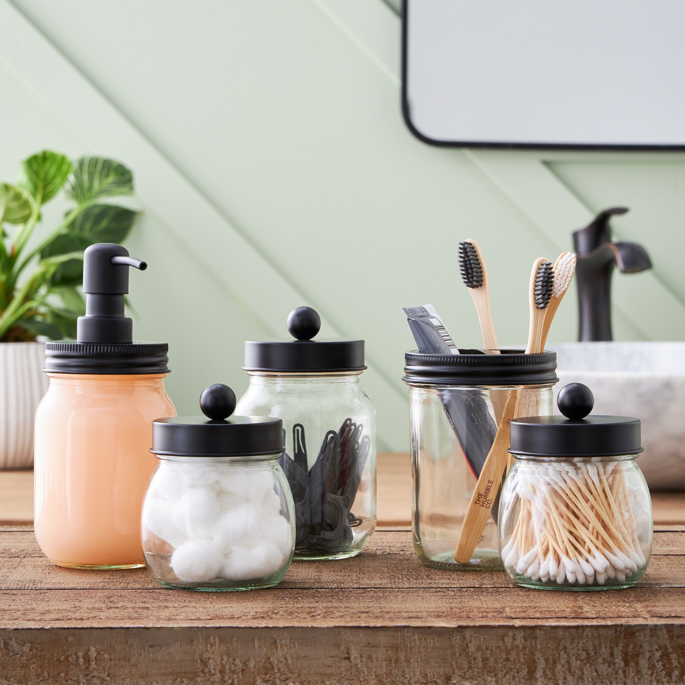 Home-Complete 5-Piece Mason Jar Bathroom Accessories Set with Lids (Black)