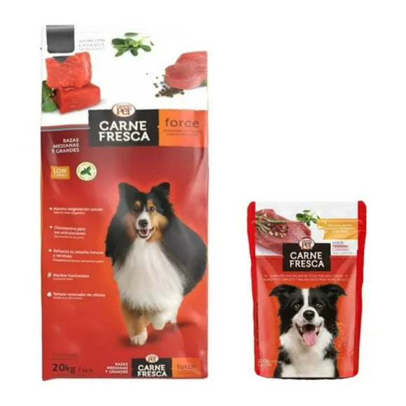 GrandPet Carne Fresca Force 20 Kg + Caja Carne Fresca Ternera y Cordero Sobre 100 g (10 Pzas)