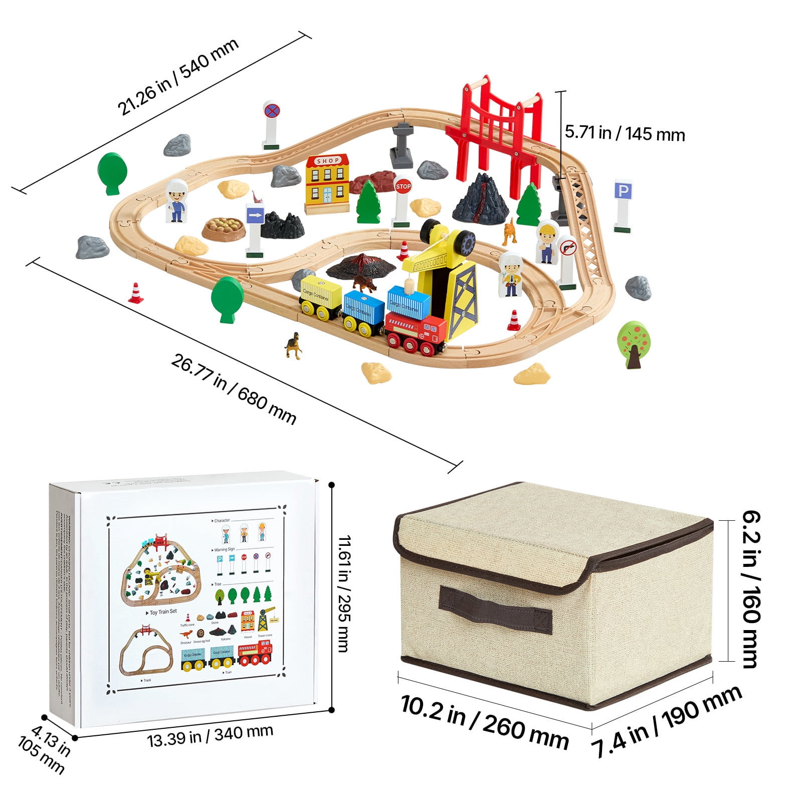 KFFKFF 70PCS Wooden Train Set with Magnetic Crane, Wooden Railway Track Toy for Kids Ages 3-8, Construction Crane Playset, Compatible with Popular Brands,Ideal Christmas or Birthday Gift for Toddlers