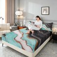 thumbnail image 3 of Manfei Aesthetic Marble Queen Sheets, Marbling Metallic Queen Sheet Sets, Teal, Black and Gold, Black Reversible 4 Pieces1 Flat Sheet + 1 Fitted Sheet + 2 Pillowcases, 3 of 6