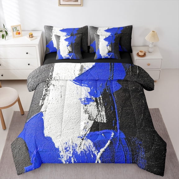 Feelyou Adult Modern Stripes Bedding Comforter Set 7-Piece, Black Blue Geometric King Bedding Sets, Abstract Stripe Ombre Reversible Bed Sheets, Lightweight Room Decor