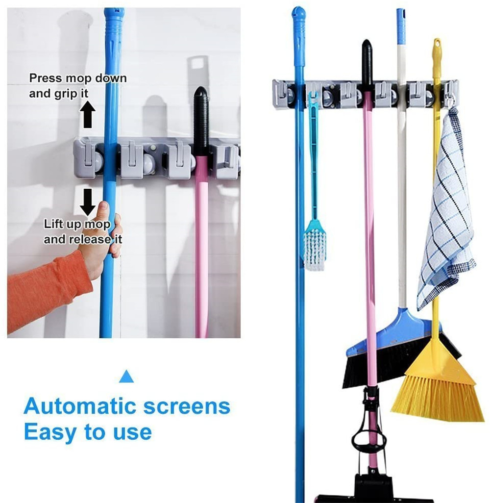 Glam Hobby Mop and Broom Holder Wall Mount, 5-Position Organizer photo 2