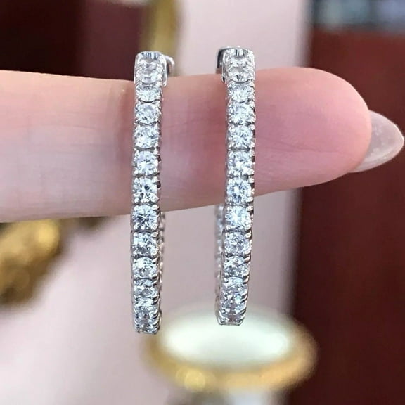 1.60Ct White Round Cut VVS1 Moissanite Huggie Hoop Earrings Solid 14K White Gold