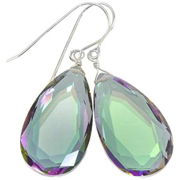 Sterling Silver Mystic Simulated Topaz Earrings Purple Green Faceted Large Teardrops Simple Briolette Drops