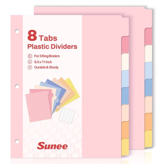 SUNEE 8 Tab Binder Dividers,Plastic Dividers for 3 Ring Binder,3 Ring Binder Dividers with Tabs for School Office Home Supplies,Pastel Color, 2 Set