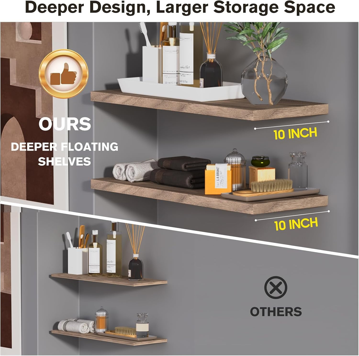 LANDMOK 10 Inch Deep Floating Shelf, 30 x10 Inch Large Wall Mounted Shelf for Kitchen, Bathroom, Living Room, Walnut (1 Pack)