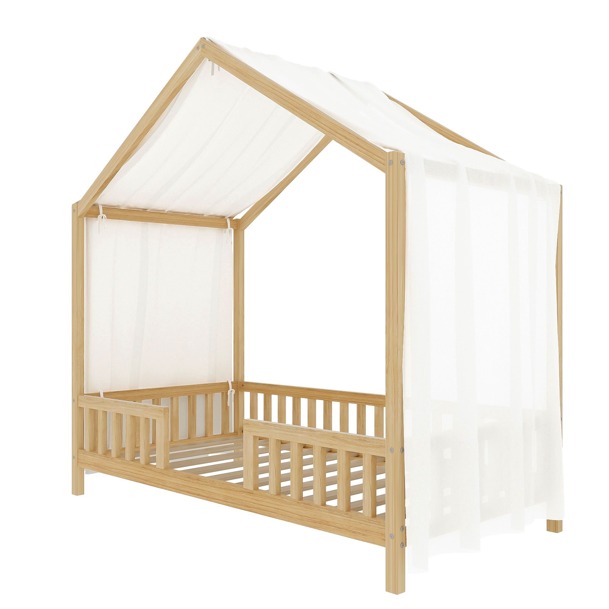 Harper & Bright Designs Montessori Floor Bed with Canopy and Roof, Twin Wood House Shape Bed Frame with Railings for Girls Boys Bedroom, Natural