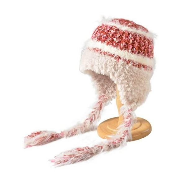 Y2K Style Furry Earflap Hat with Long Ties, Peruvian-Inspired Knit Beanie for Women