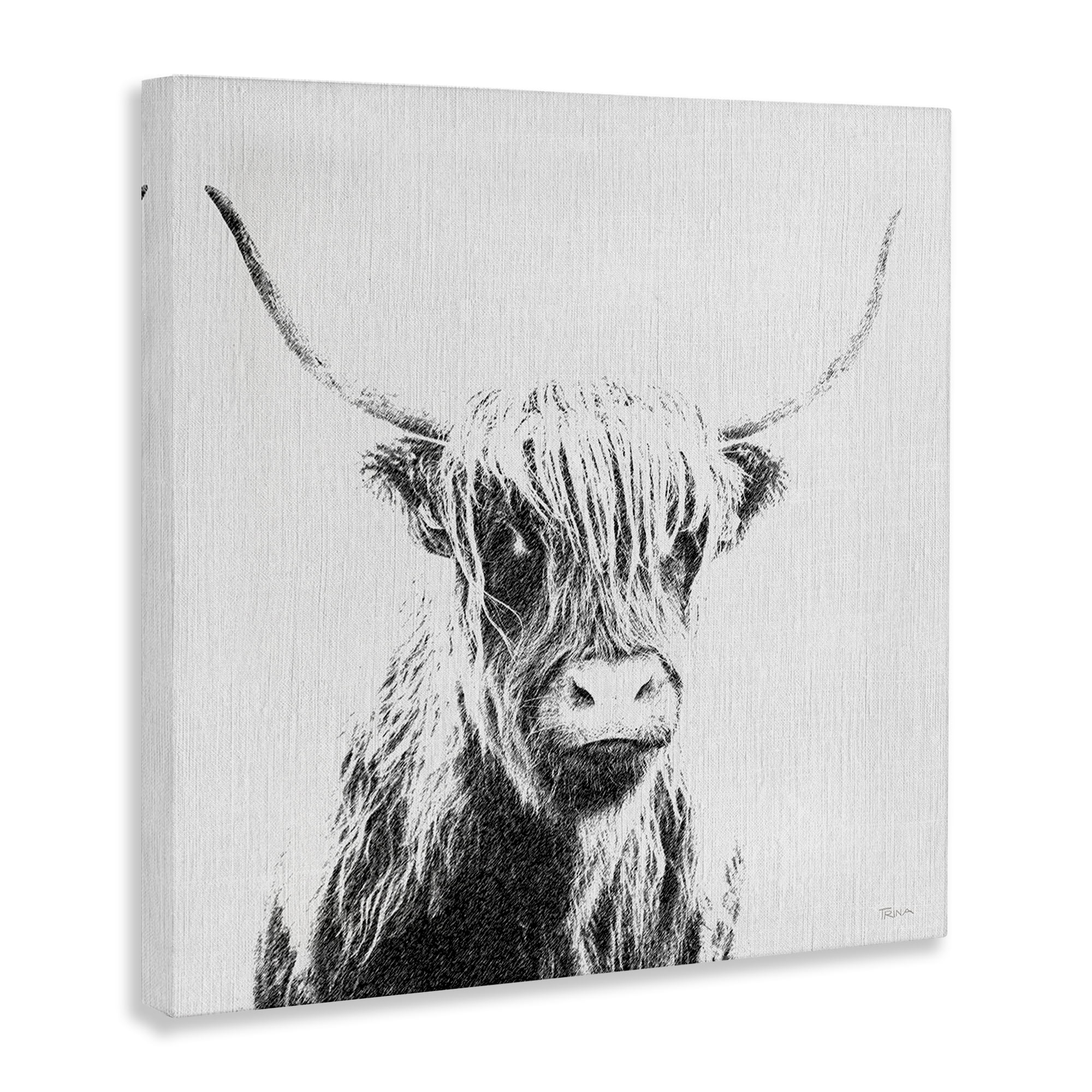 Stupell Industries Longhorn Sketch in Grey Animals Painting Wrapped Canvas Art Print Wall Art, 24 x 24