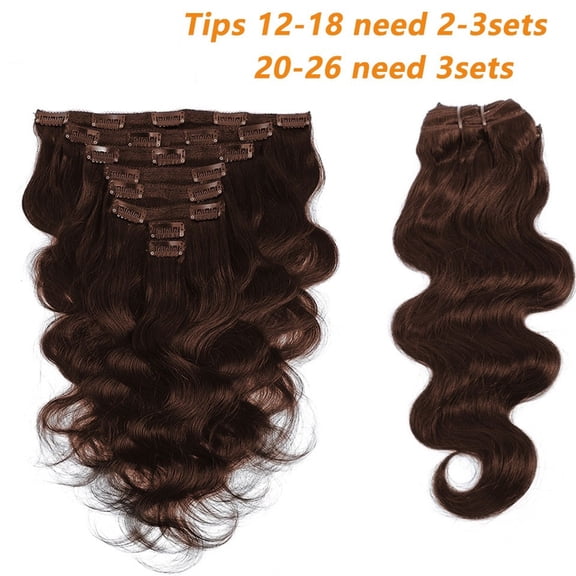 8Pcs 20 Clips Wavy Curly Full Head Clip in on Double Weft Hair Extensions Human Hair for Women - Thick Wavy Hairpieces, Soft Hair & Blends Well Hair Extensions, Brown Color