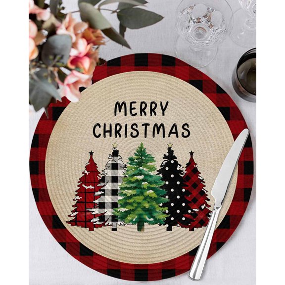 13 Inch Round Placemats Set of 6, Christmas Tree Non Slip Heat Insulation PP Table Mats, Green Xmas Tree Red Black Plaid Rustic Washable Place Mats for Kitchen Dining Party Table Decor