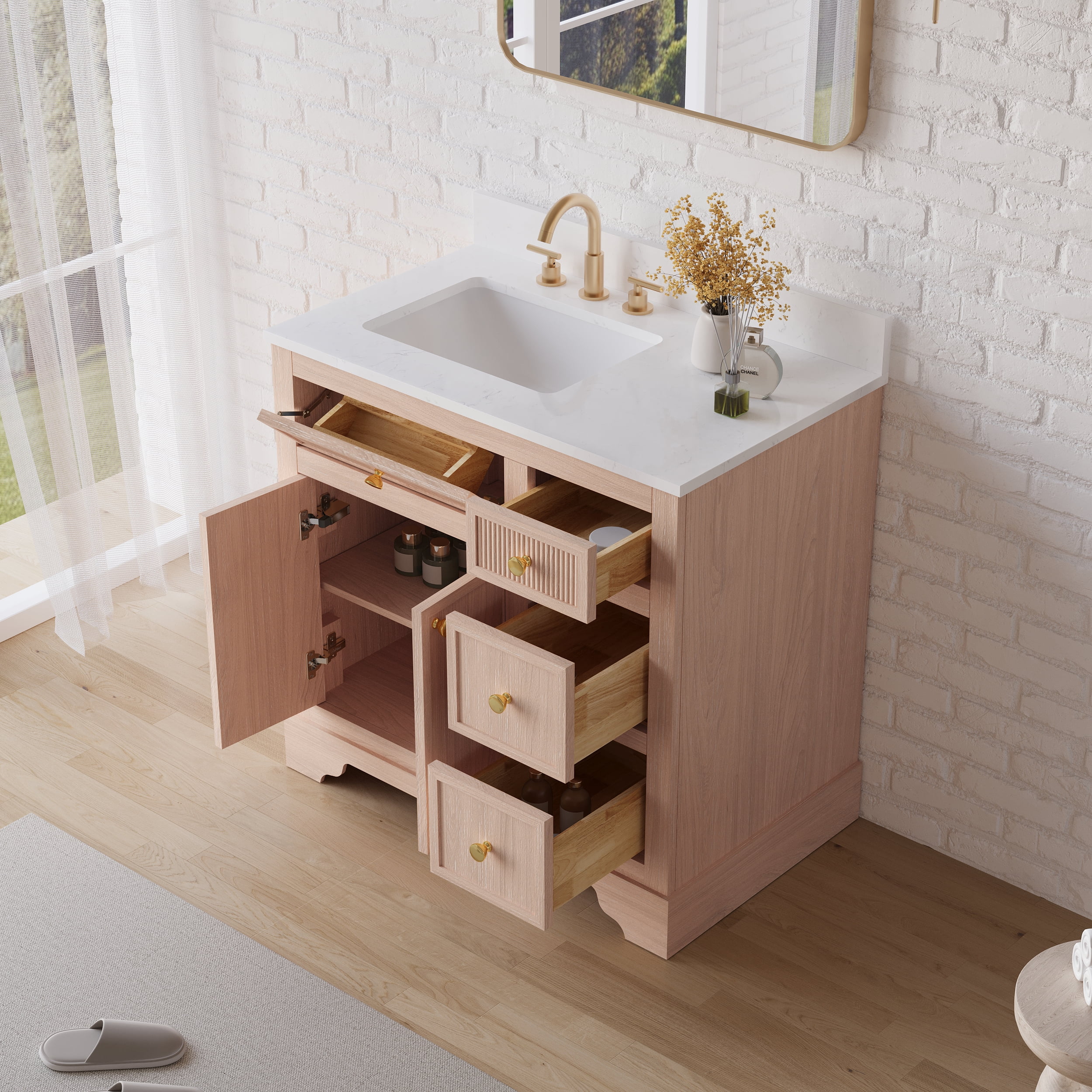 ANGELES HOME 36" Bathroom Vanity with Single Sink Combo, Modern Undermount Bathroom Sink Cabinet with 3 Drawers and a Tip-Out Drawer, Freestanding Bathroom Vanities, Soft Closing, Solid Wood